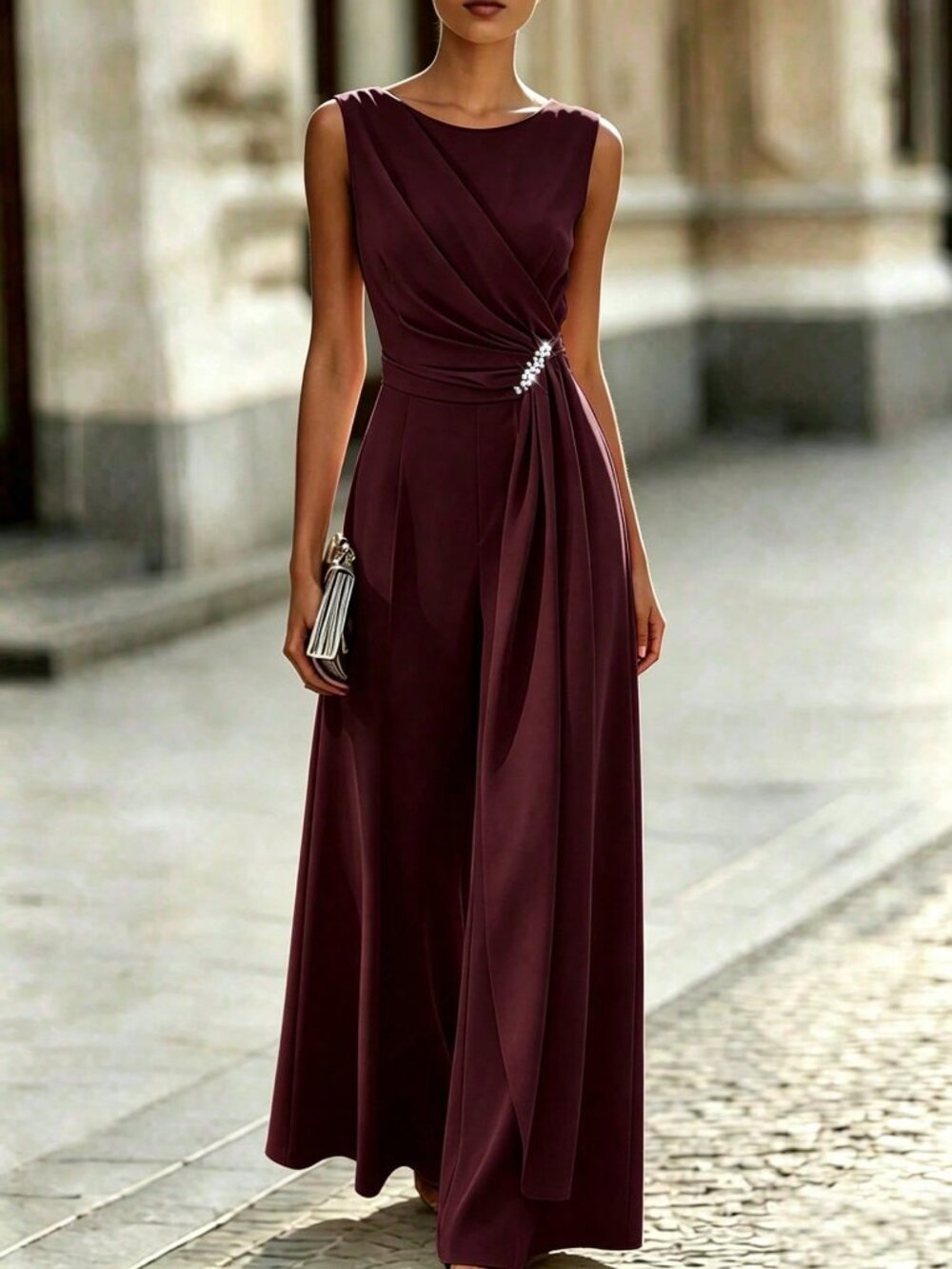 Burgundy Elegant Women's Loose Twist Round Neck High Waisted Jumpsuit